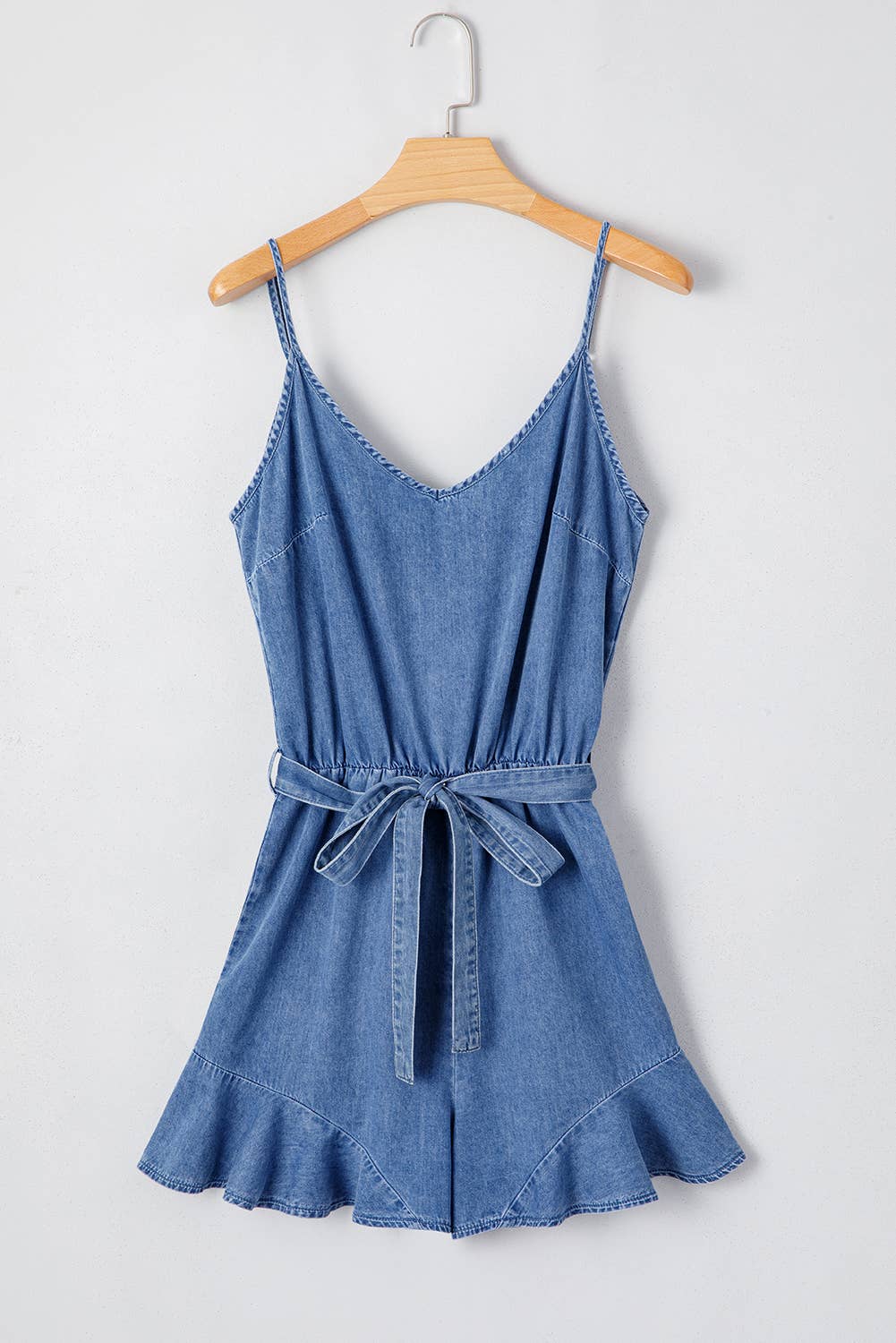 Chambray Ruffle-Leg Belted Jumpsuit – Light Wash