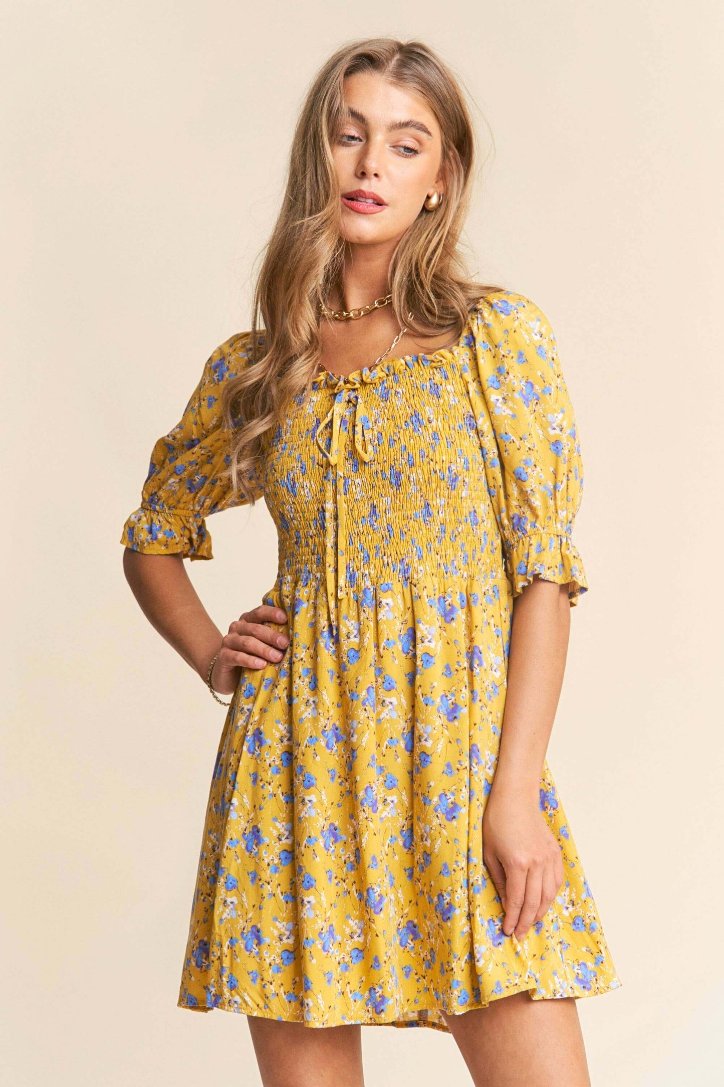 Yellow and white floral print babydoll dress with smocked bust and puff sleeves – flirty and feminine mini dress