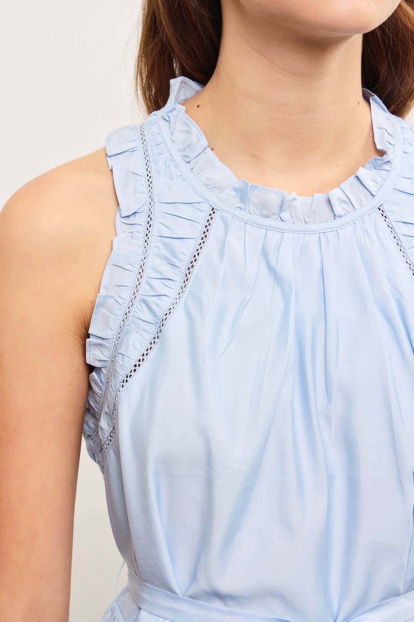 Light blue sleeveless mini dress with ruffle trim and shirred waist – soft and breezy summer style