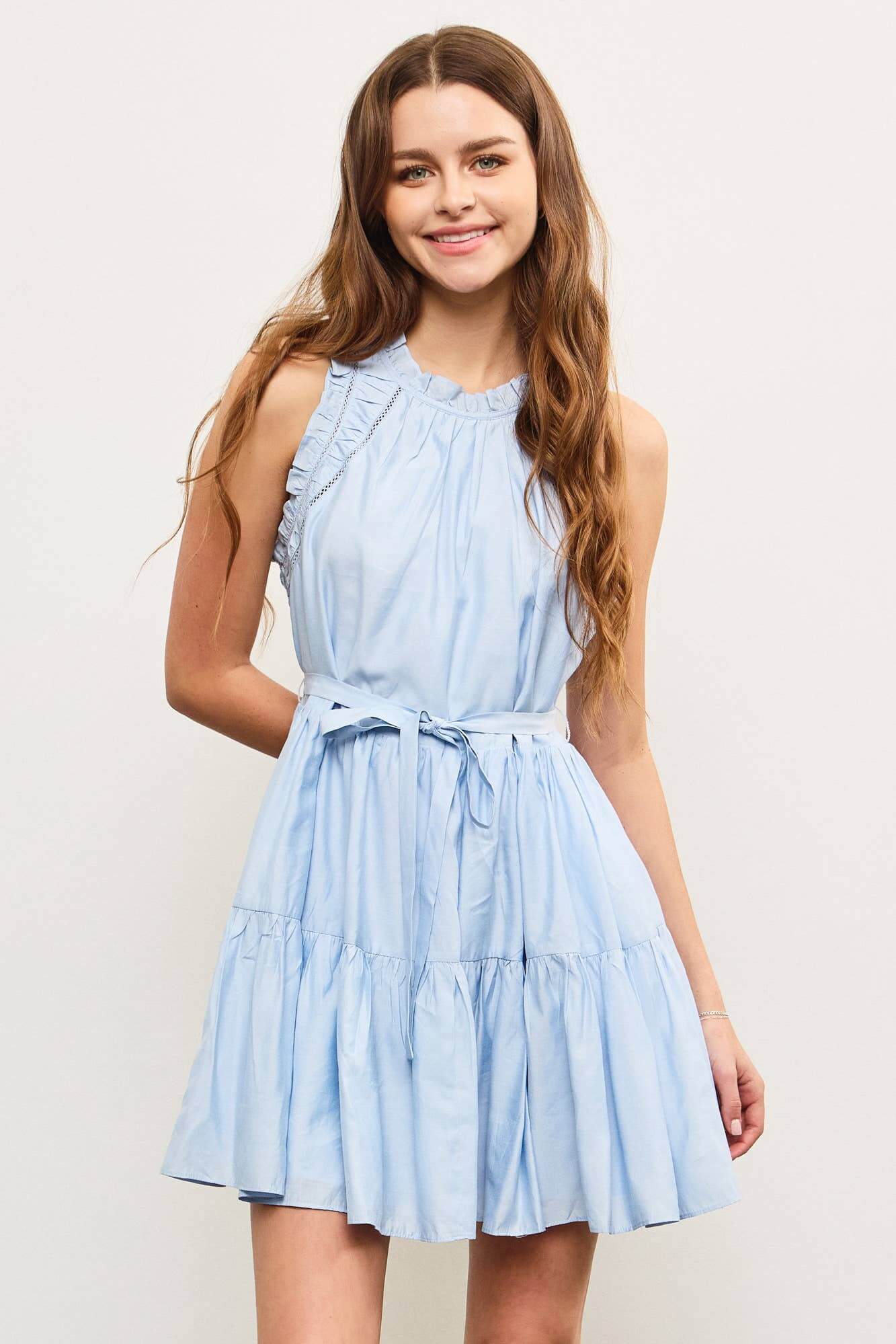 Light blue sleeveless mini dress with ruffle trim and shirred waist – soft and breezy summer style