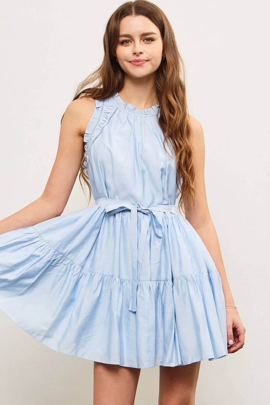 Light blue sleeveless mini dress with ruffle trim and shirred waist – soft and breezy summer style