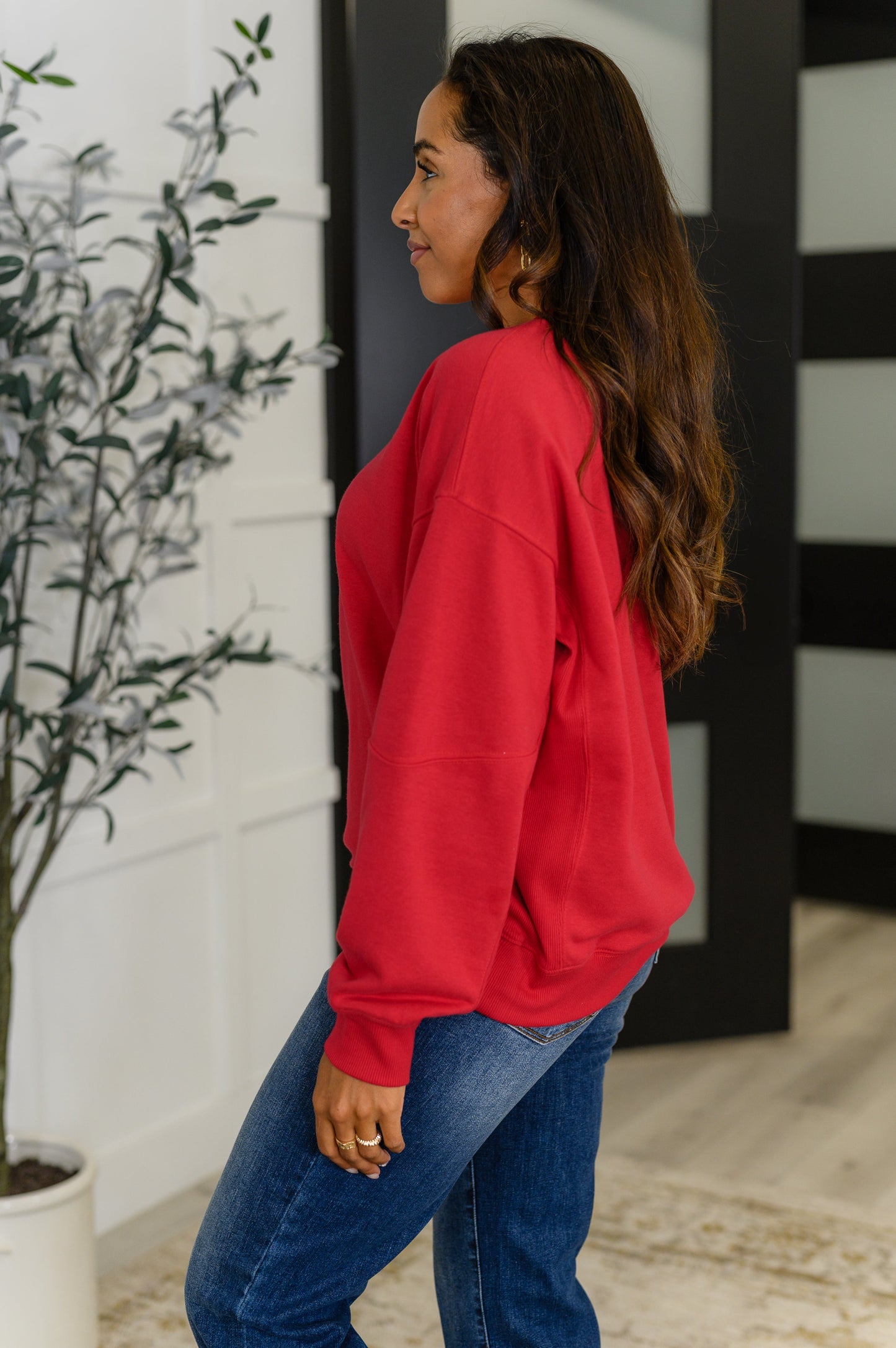 Sweet with a Side Eye Drop Shoulder Pullover in True Red