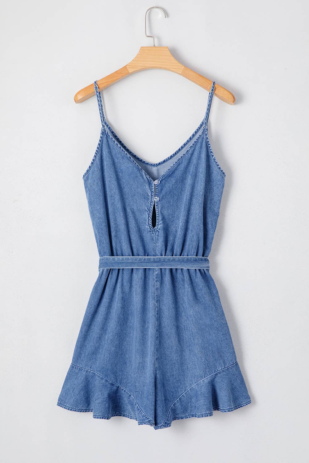 Chambray Ruffle-Leg Belted Jumpsuit – Light Wash
