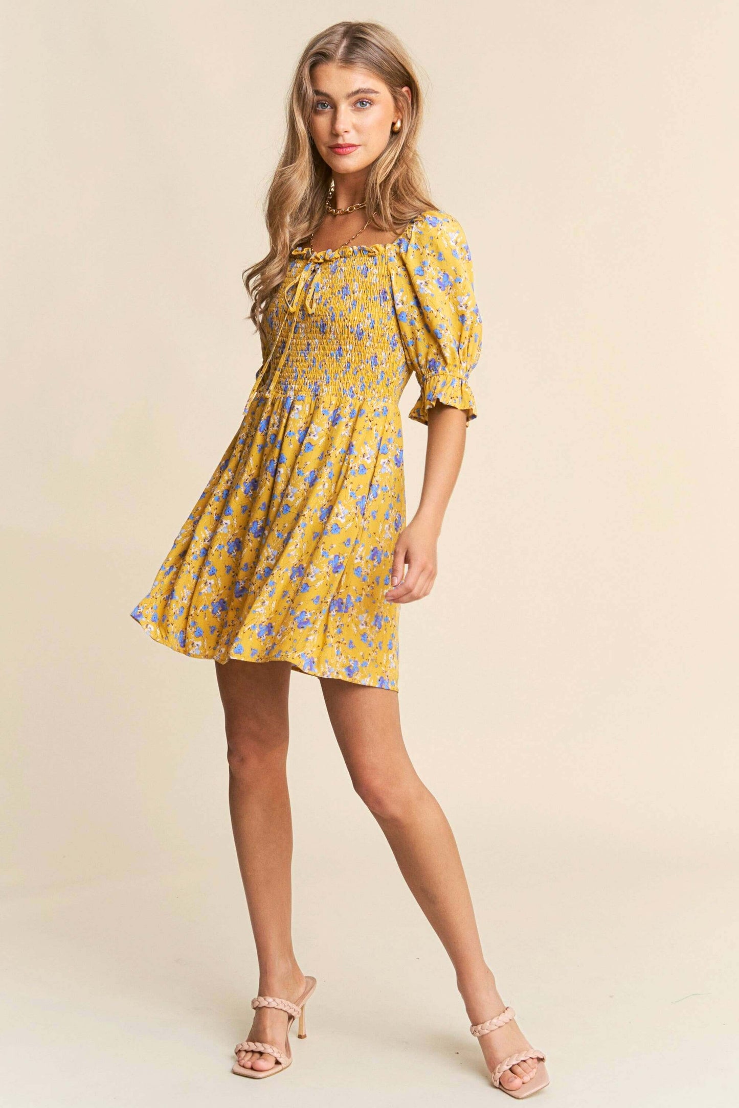 Yellow and white floral print babydoll dress with smocked bust and puff sleeves – flirty and feminine mini dress