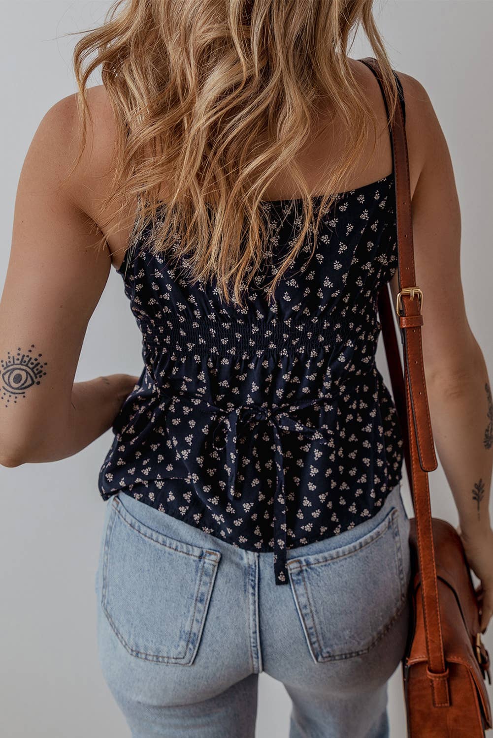 Navy blue floral cami with button front and V-neckline – lightweight summer top with adjustable straps