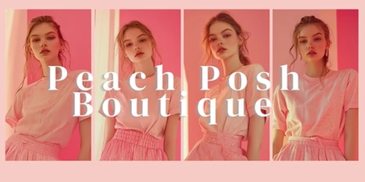Stylish pink fashion banner featuring Peach Posh Boutique branding and trendy outfits