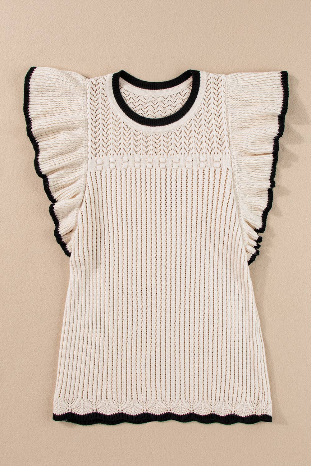 White crochet knit tank with delicate eyelet pattern and black-trimmed flutter sleeves – lightweight boho top