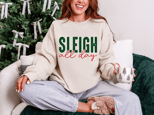 Sleigh All Day Green & Red Graphic Tee and Sweatshirt