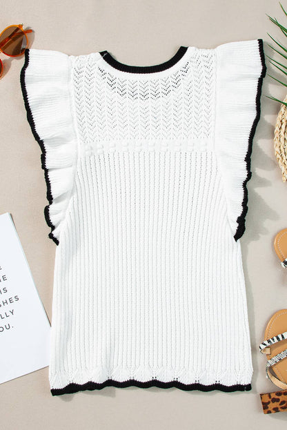 White crochet knit tank with delicate eyelet pattern and black-trimmed flutter sleeves – lightweight boho top