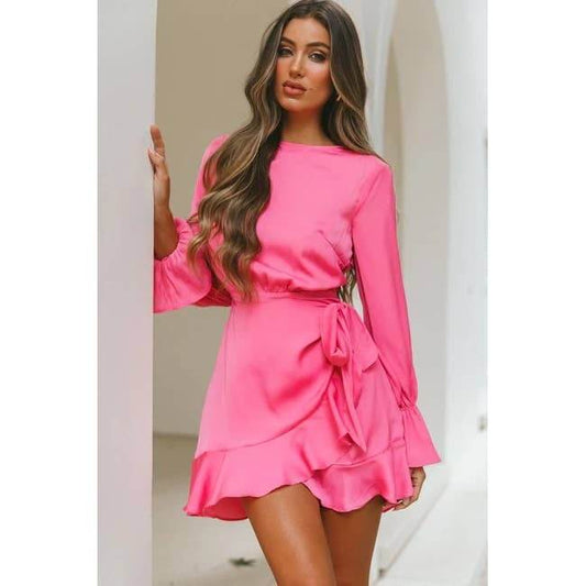 Hot pink satin wrap dress with long sleeves and ruffle hem – elegant and flirty cocktail dress for special occasions