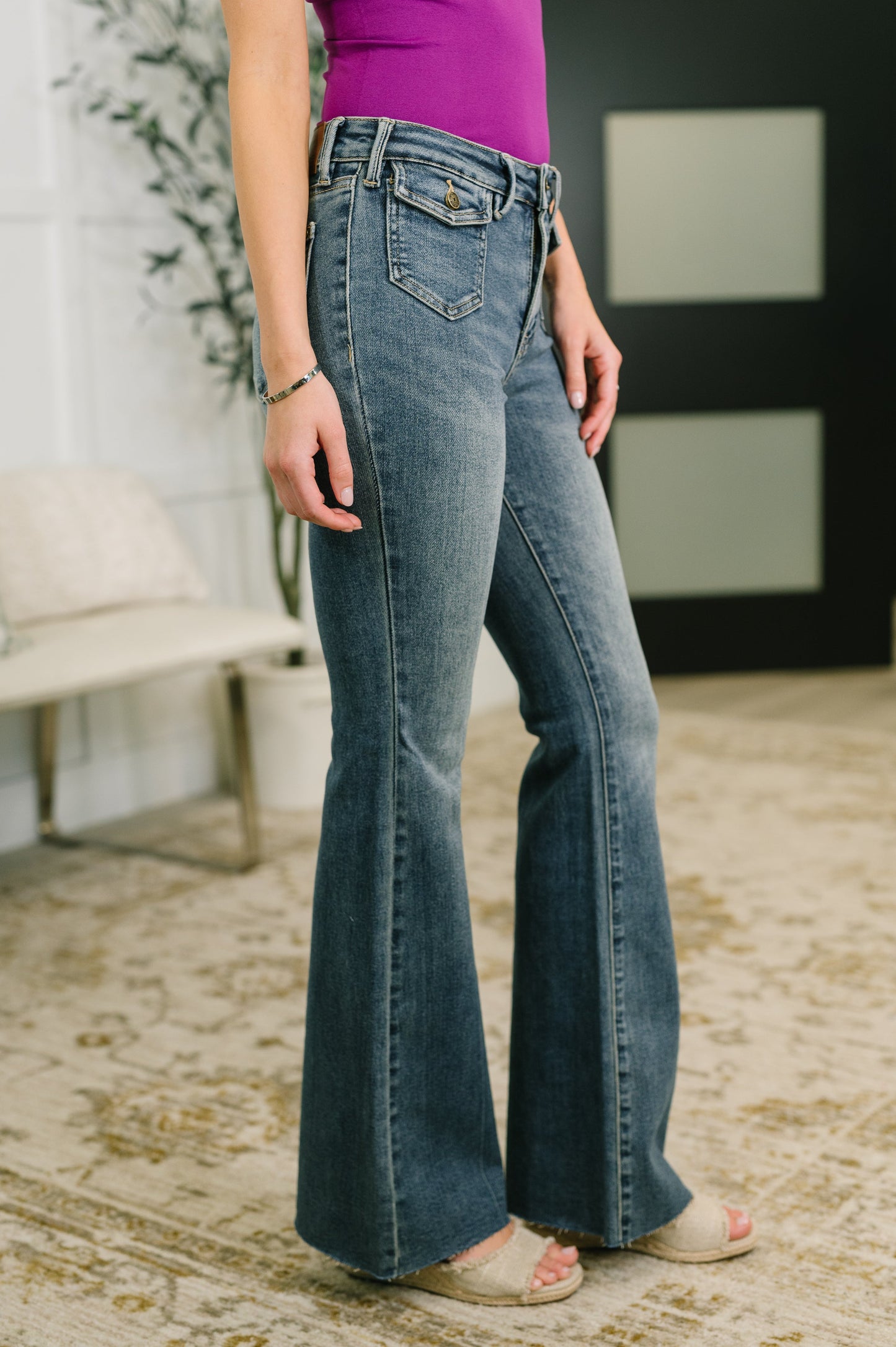 Jackie Mid Rise Flare Jean with Front Flap Pockets