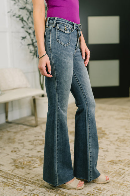 Jackie Mid Rise Flare Jean with Front Flap Pockets