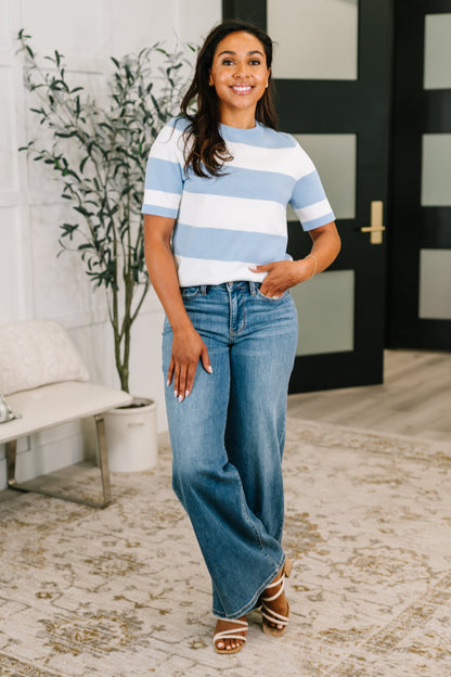 Known for a While Knit Blouse in White and Blue