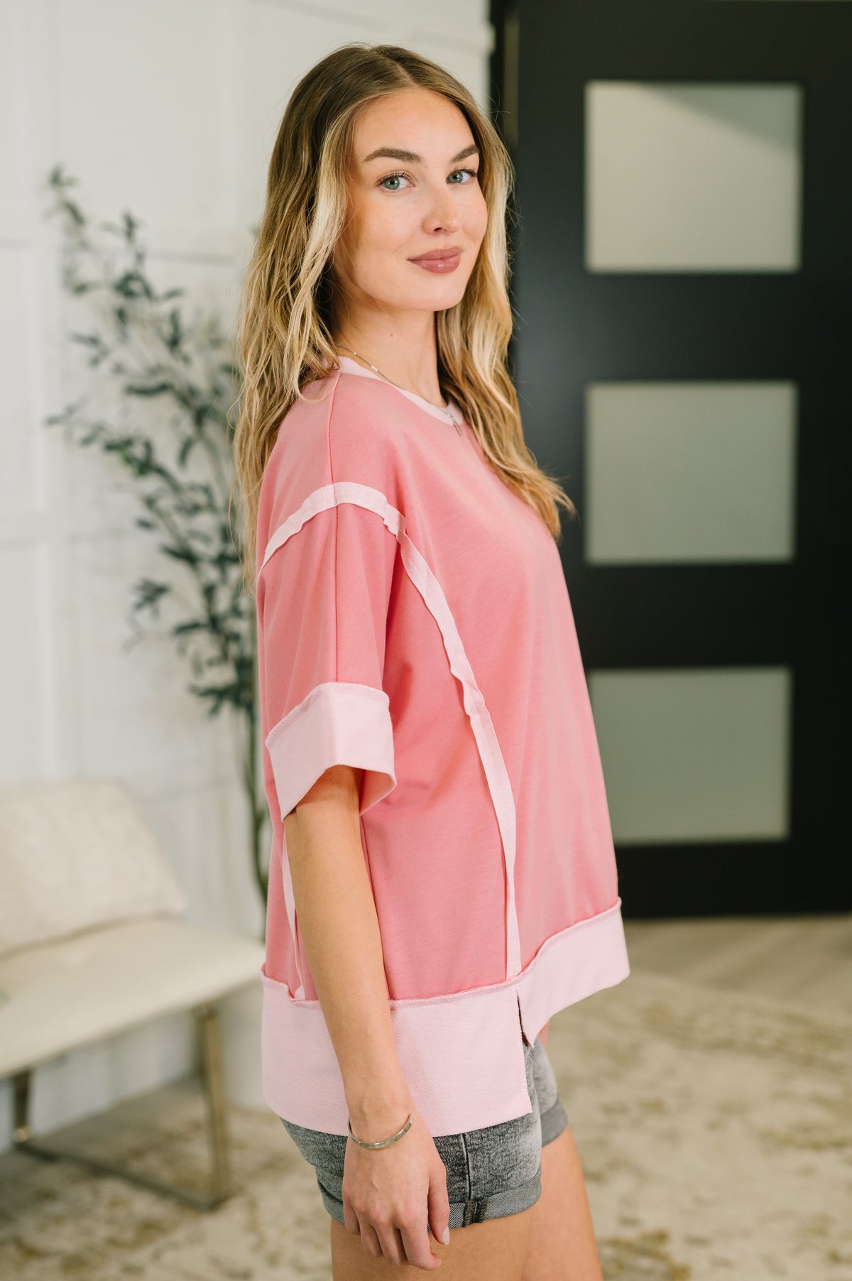 Like Two Old Friends Exposed Seam Top in Pink