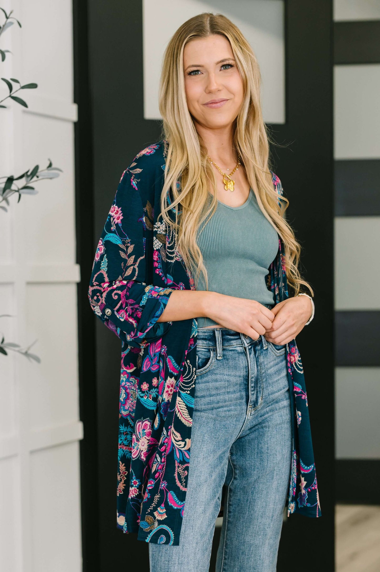 Lizzy Cardigan in Hunter Green Floral Paisley