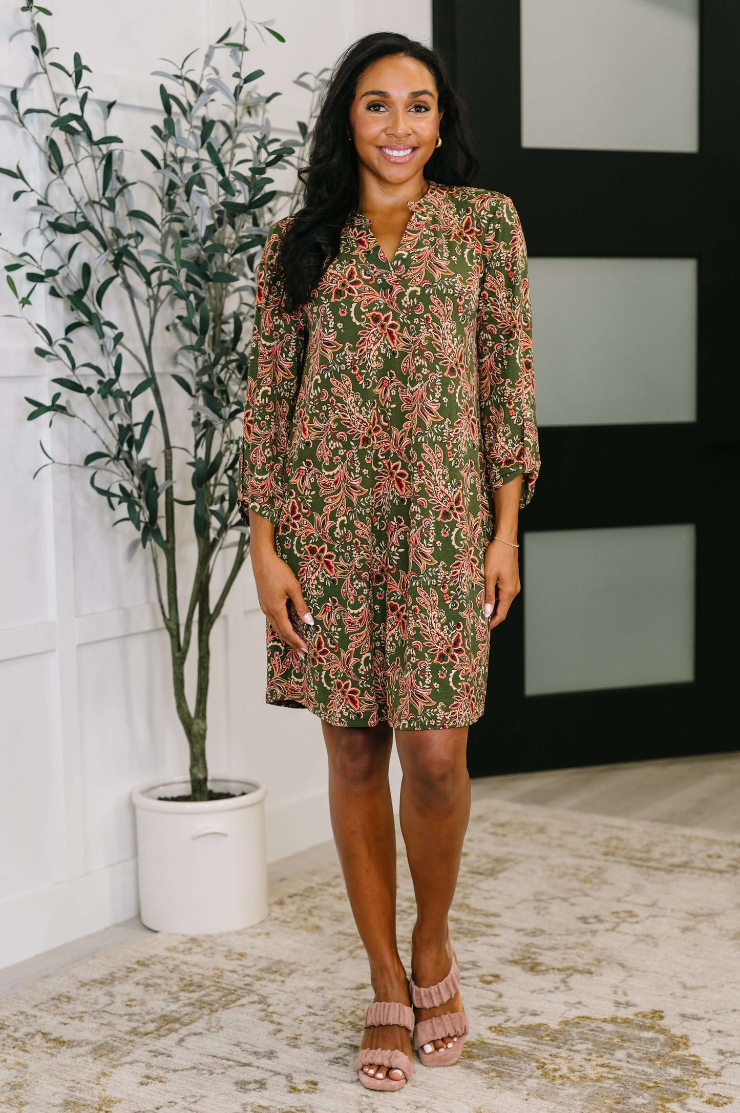Lizzy Long Sleeve Dress in Olive Paisley