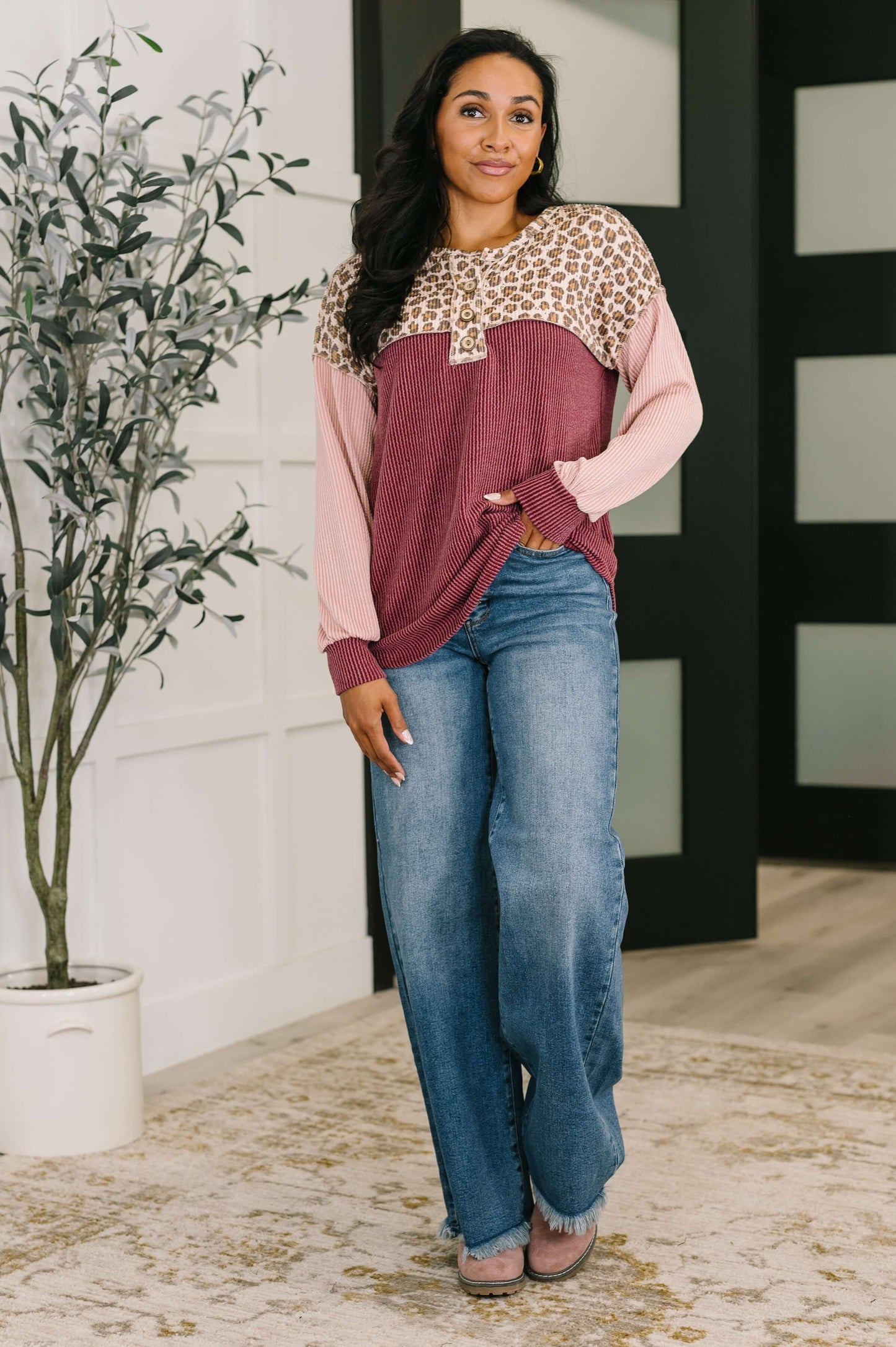 Spotted & Blocked Color Block Henley Top