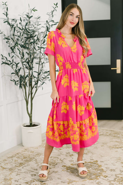 Whispering Willow V-Neck Dress in Fuchsia