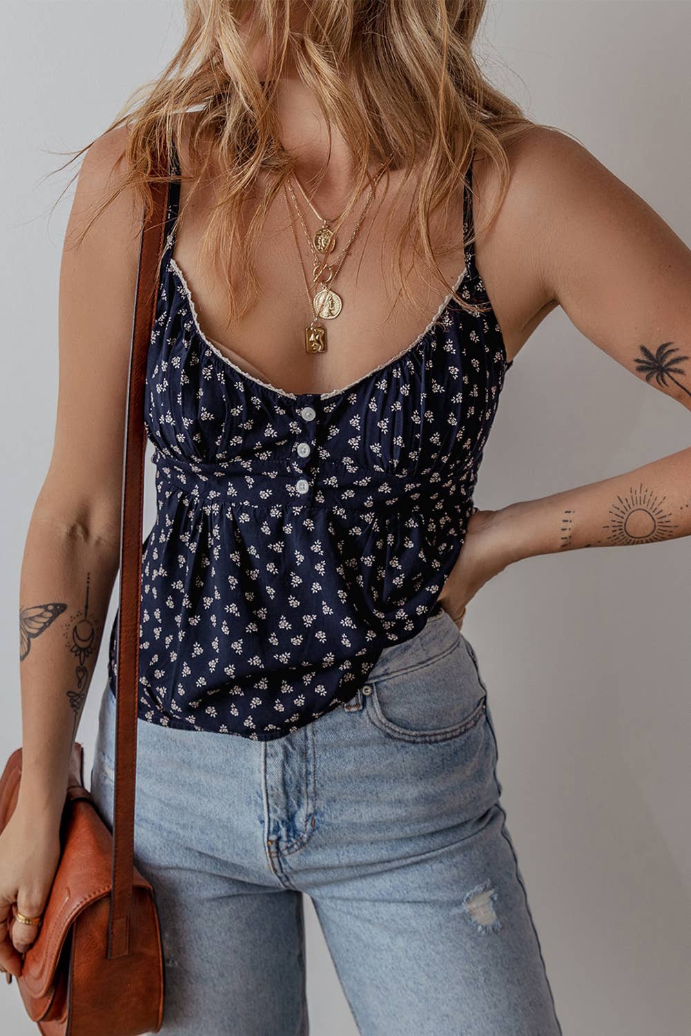 Navy blue floral cami with button front and V-neckline – lightweight summer top with adjustable straps