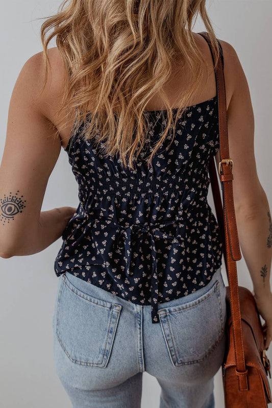 Navy blue floral cami with button front and V-neckline – lightweight summer top with adjustable straps