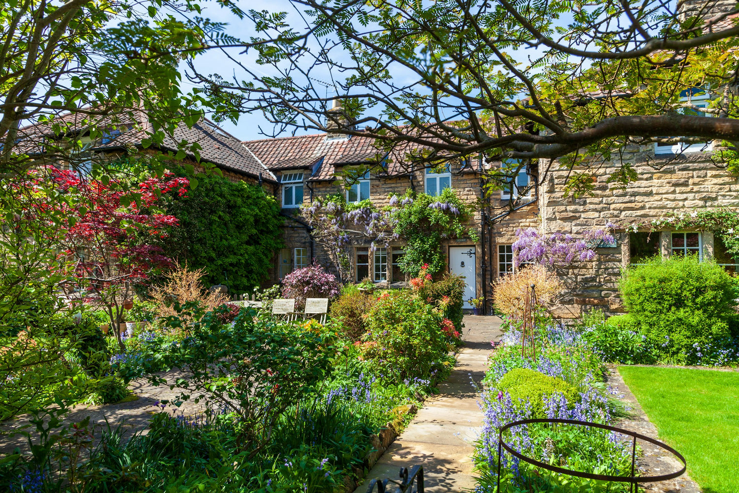 Traditional English cottage with a spring garden in full bloom, bright daylight