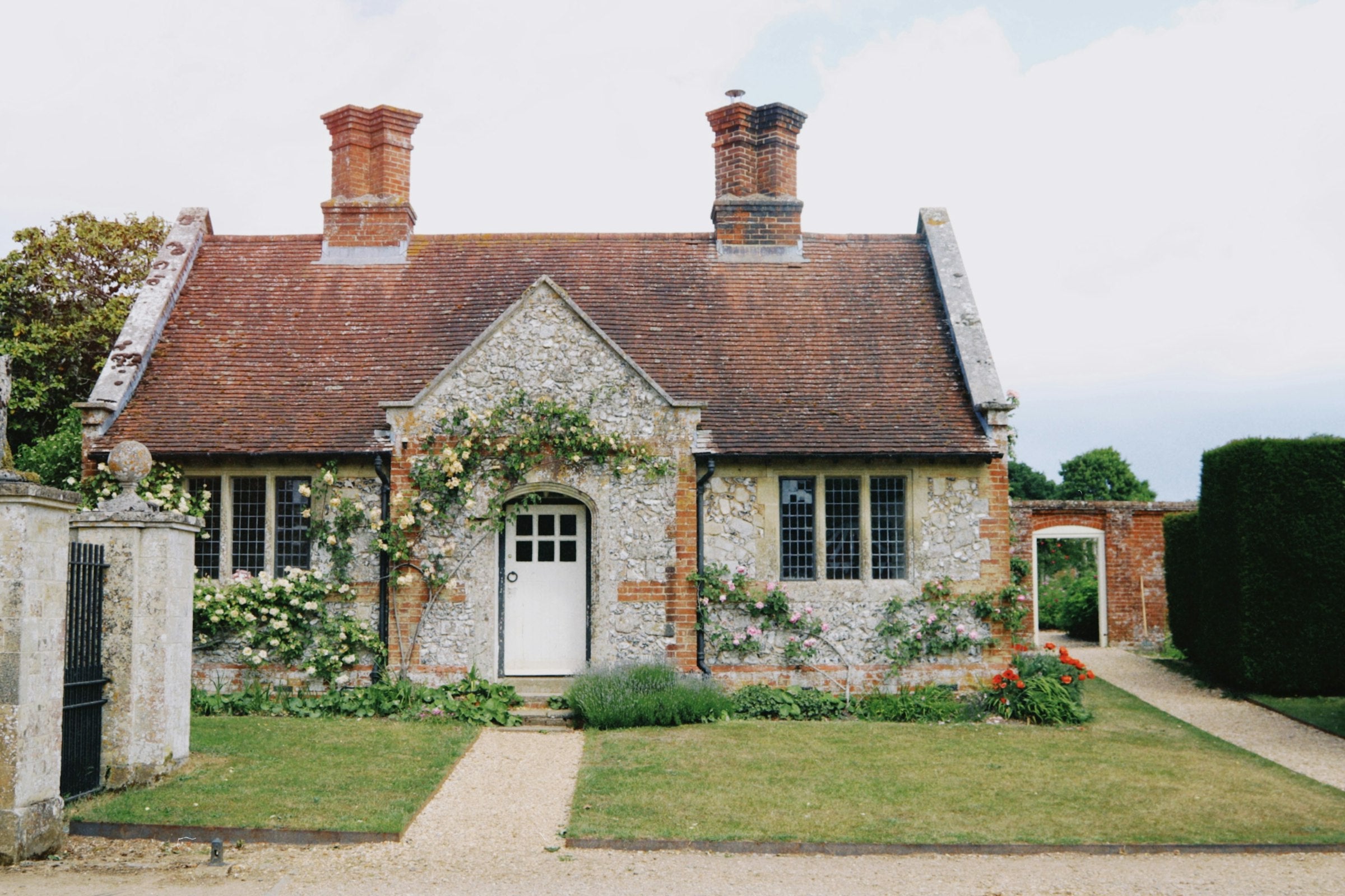Charming cottage covered in climbing ivy and purple flowering vines